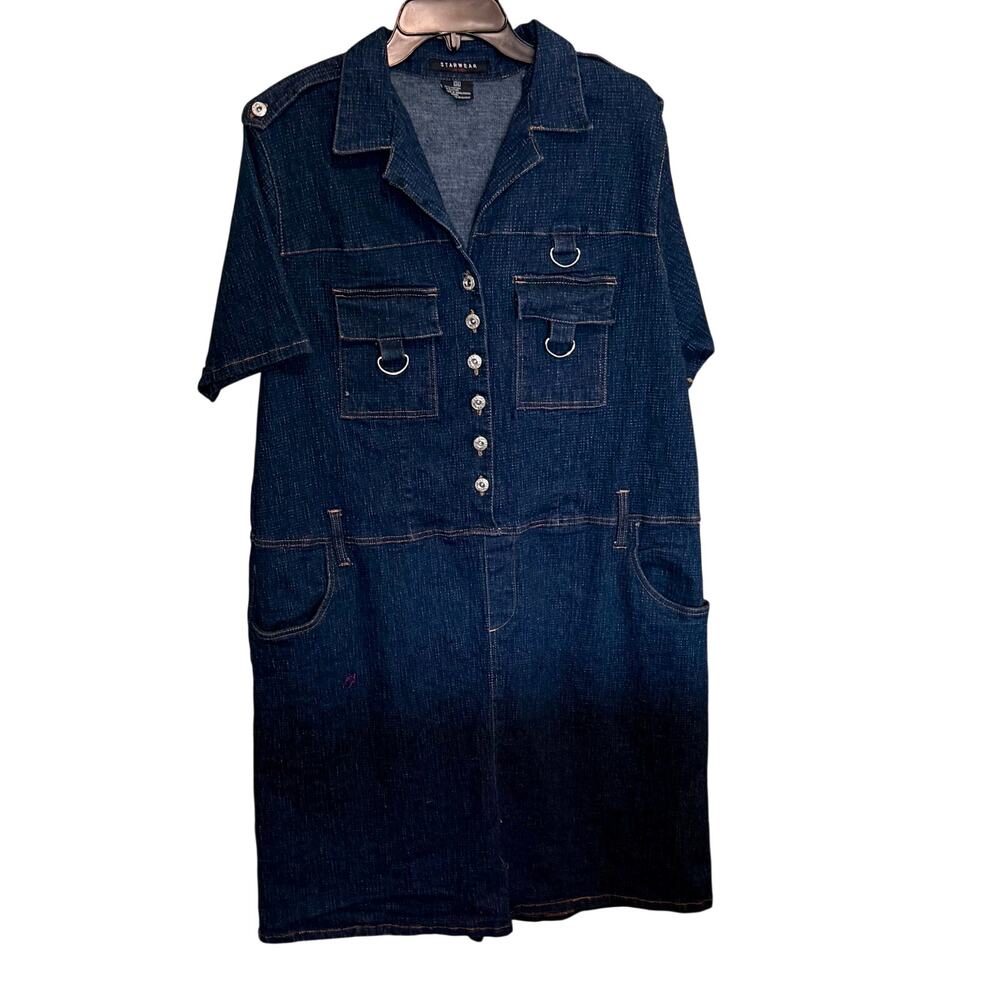 Vintage 90s-Y2K Starwear 3X Denim Midi Dress - Dark Wash D-Ring & Cargo Pockets